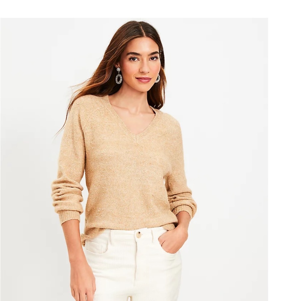 V Neck Sweater Dressy/Casual gold/beige with gold flecks size S Loft LIKE NEW